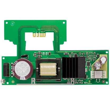 Green electronic circuit board with various components on a white background