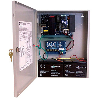 Electrical panel with open door showing internal components and wiring.