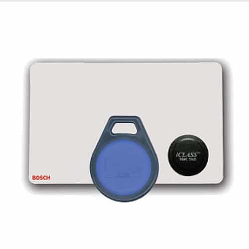 Bosch iClass key fob and reader on a white background
