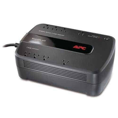 Black electronic device with a cable, battery backup with 8 outlets , on a white background.