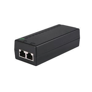 Black, rectangular networking device known as a PoE (Power over Ethernet) injector