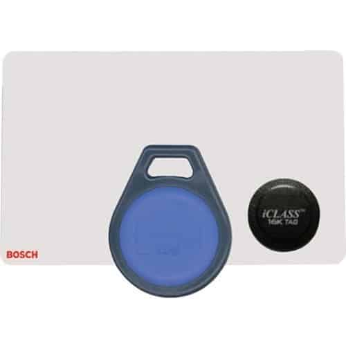 Blue iClass tag and black iClass tag on a white background with Bosch branding.