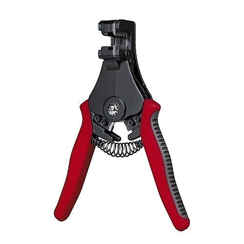 Wire stripper with red handles and black body on a white background