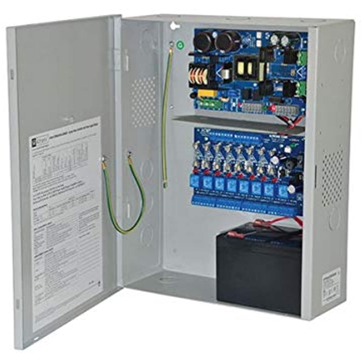 Electrical panel with wiring and components on a white background