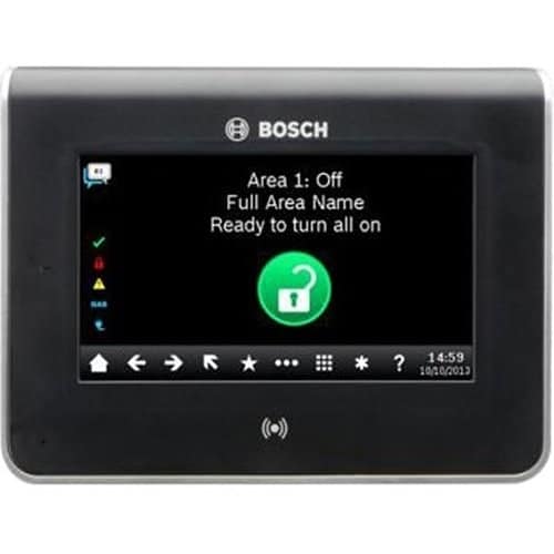 Bosch security system control panel with display screen on a white background