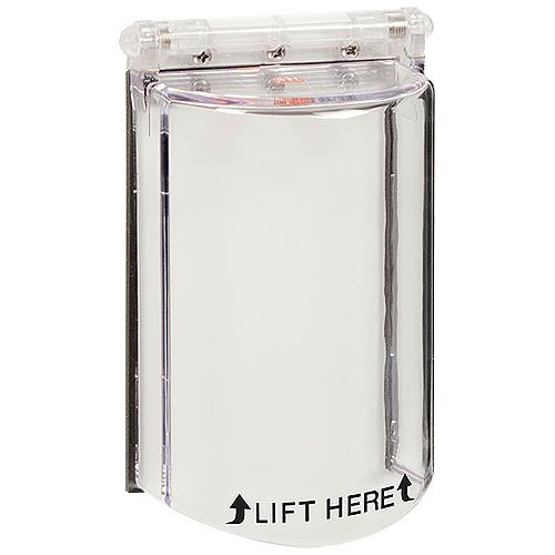 Clear plastic fire alarm cover on a white background