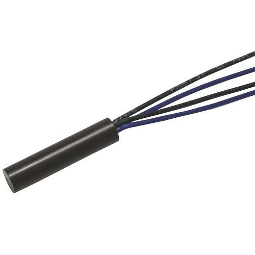 Black cylindrical component with black wires on a white background