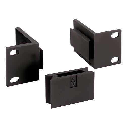 Three black metal corner brackets on a white background