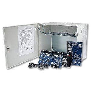 Electrical enclosure with internal wiring and circuit boards on a white background