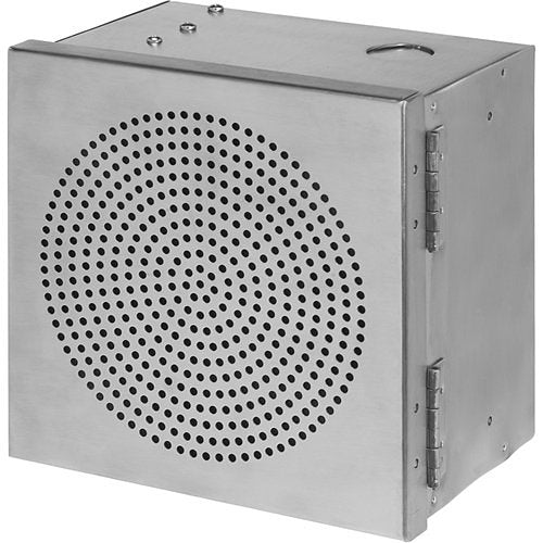 A square, industrial-style siren box on a white background
