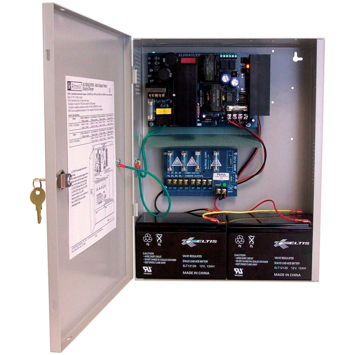 Electrical control panel with wiring and components on a white background