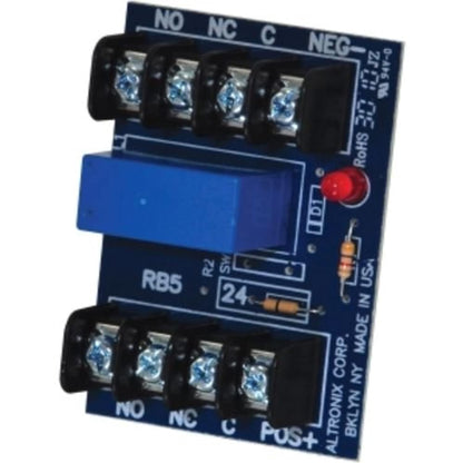 Electrical relay module with terminals and branding on a white background