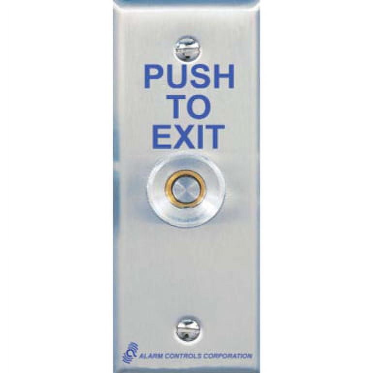 Metal push to exit button with 'Push to Exit' text on a white background
