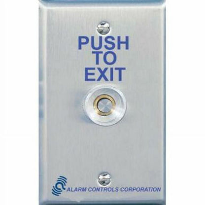 Alarm Controls TS-16 Request-to-Exit Station with Pneumatic Timer, 1/4" Push Button, Single Gang, 430 Stainless Steel