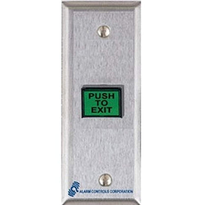 Push to exit button with green label on metallic surface