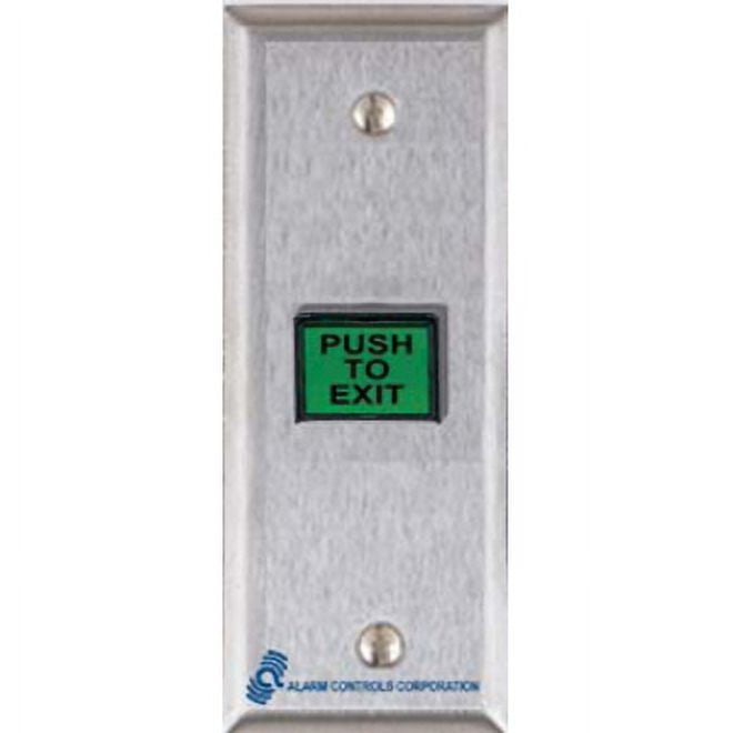 Alarm Controls TS-9T Request-to-Exit Station with Timed Output, Switch Mounted on Narrow 1-3/4" Wall Plate, 5/8" 7/8" Rectangular Push Button, 302 Stainless Steel
