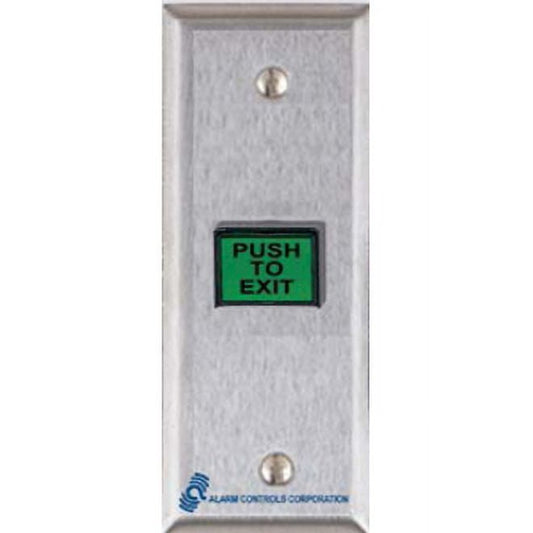 Alarm Controls TS-9T Request-to-Exit Station with Timed Output, Switch Mounted on Narrow 1-3/4" Wall Plate, 5/8" 7/8" Rectangular Push Button, 302 Stainless Steel