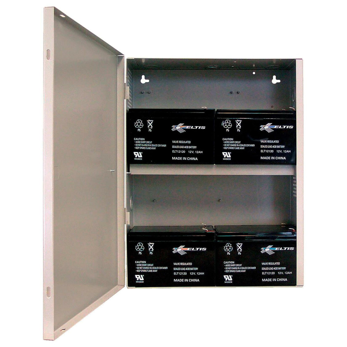 Metal cabinet with batteries inside on a white background