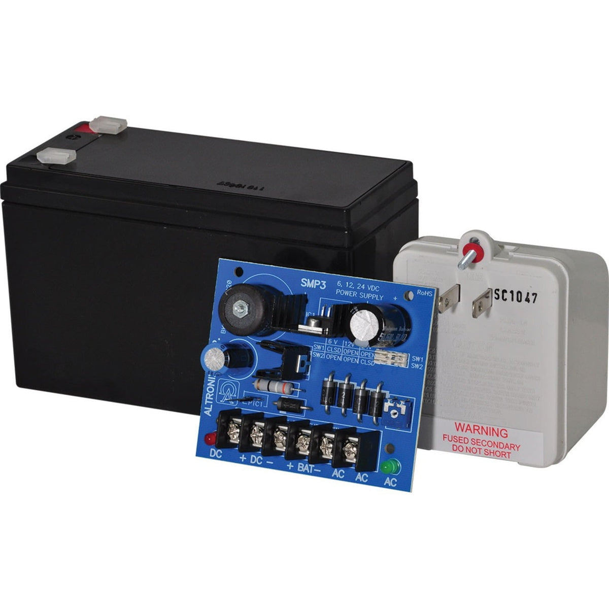Battery, power supply module, and fuse box on a white background