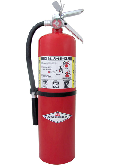Red fire extinguisher with Amerex branding on a white background