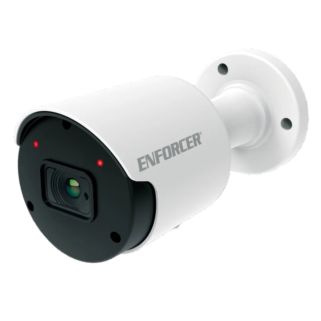 A white and black ENFORCER bullet security camera with a mounting flange, shown on a solid white background.