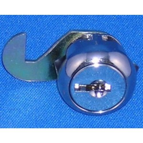 A chrome metal lock pick or lock cylinder tool with a hook-like arm, shown on a bright blue textured background.