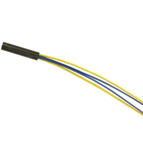A black plastic sleeve encasing three thin wires, two yellow and one blue, shown against a plain white background.