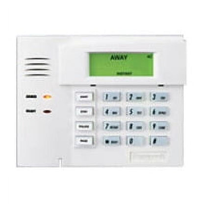 White alarm system keypad with digital display on a white background