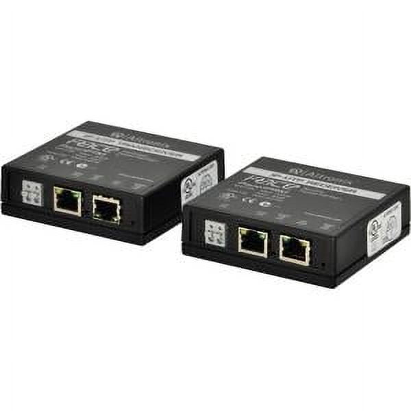 Two black network extenders with Ethernet ports on a white background