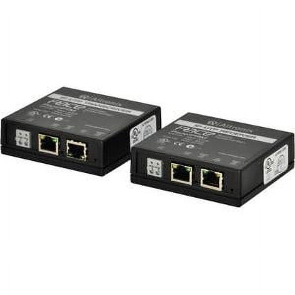 Two black network extenders with Ethernet ports on a white background