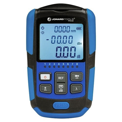 Blue and black electronic device with digital display on a white background