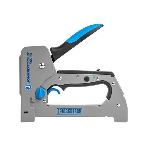 Trigger tack gun with blue and black handles on a white background