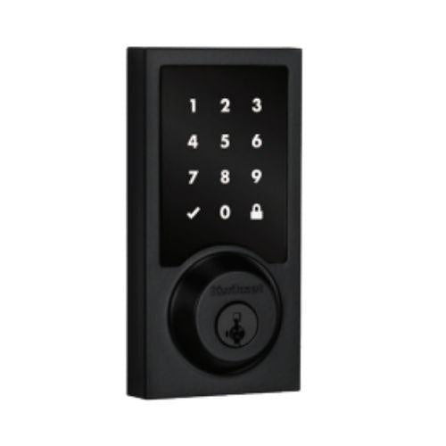 A black electronic keypad door lock with a 12-button display and a circular keyhole area, shown on a plain white background.
