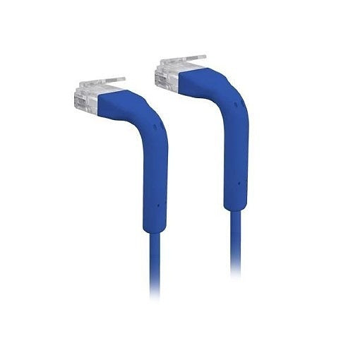 Two blue Ethernet cables with clear connectors on a white background