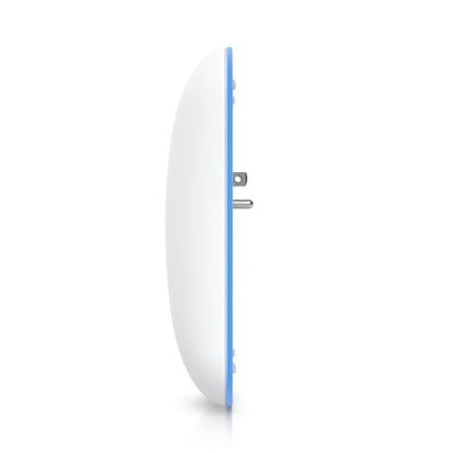 White electronic device with blue accents on a white background