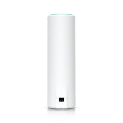 White cylindrical device with a small blue light on top against a white background