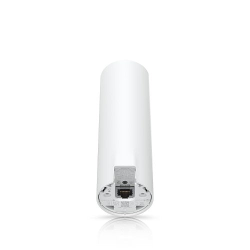 White cylindrical product with a label on a white background