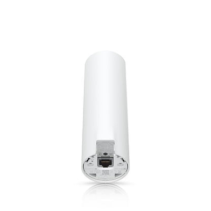 White cylindrical product with a label on a white background