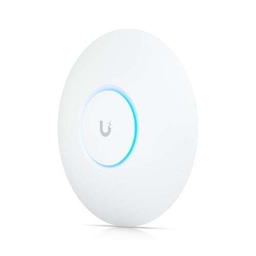 White network device with blue light on a white background