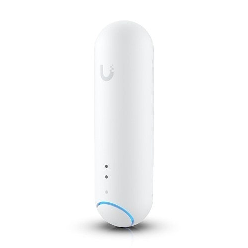 A white Ubiquiti UniFi wireless access point with a light blue indicator ring at the base, shown on a clean white background.
