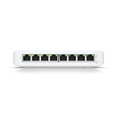 White network switch with multiple Ethernet ports on a white background