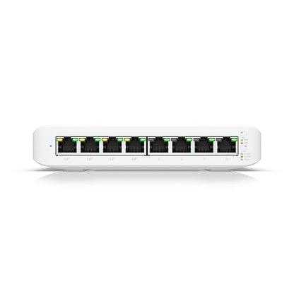 White network switch with multiple Ethernet ports on a white background