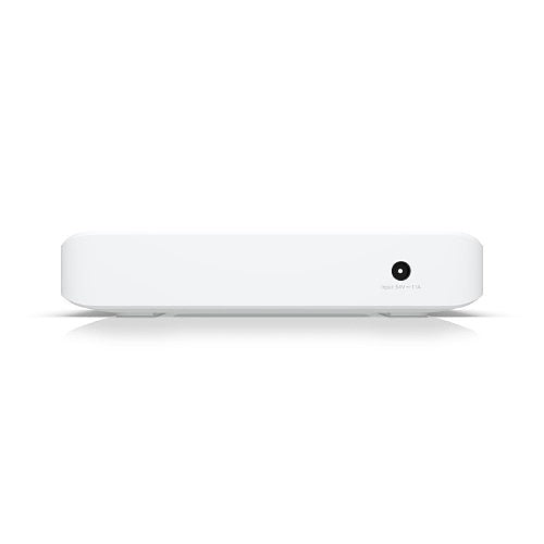 Rear view of a white network router on a white background