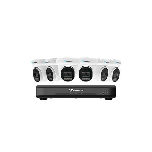 Luminys security camera system with multiple cameras and a central control unit on a white background