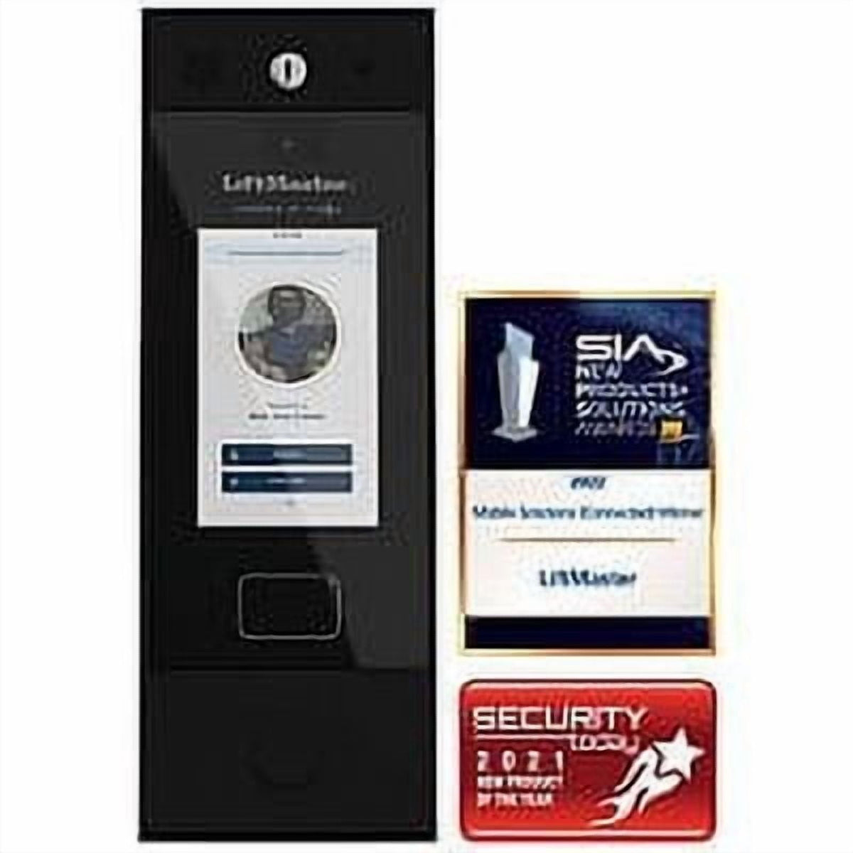 Black door intercom system with digital display and certification logos on a white background