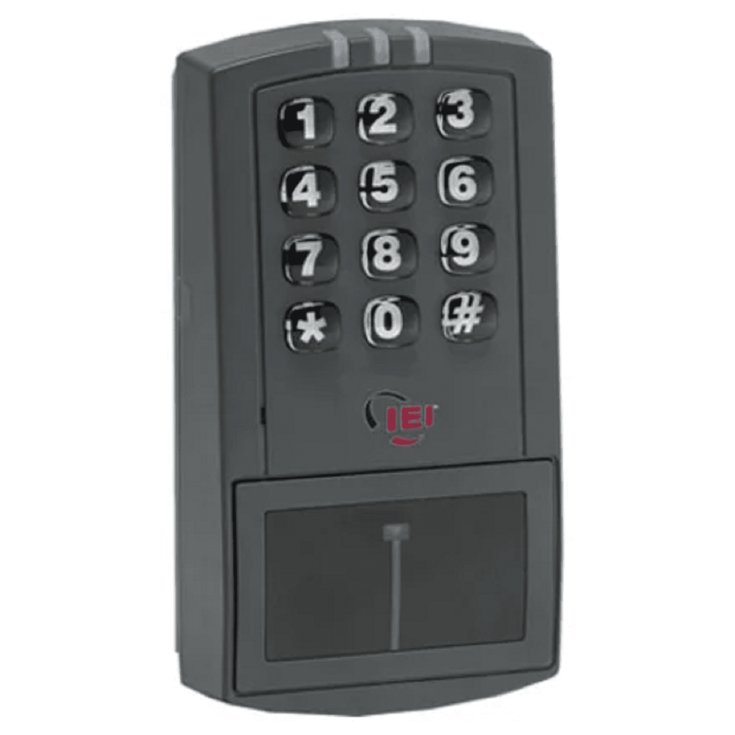 Black electronic keypad with number keys on a white background