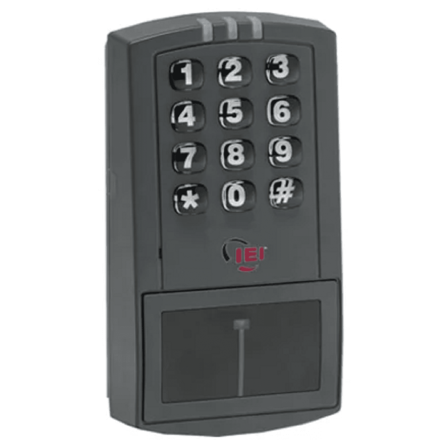 Black electronic keypad with number keys on a white background