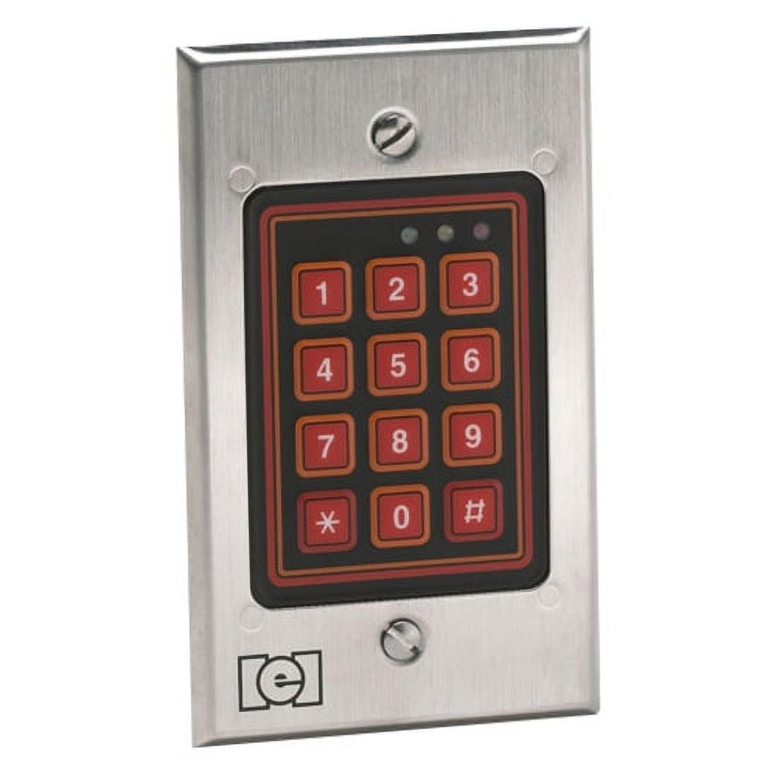 Keypad with orange buttons on a metallic frame, featuring the IEI logo.