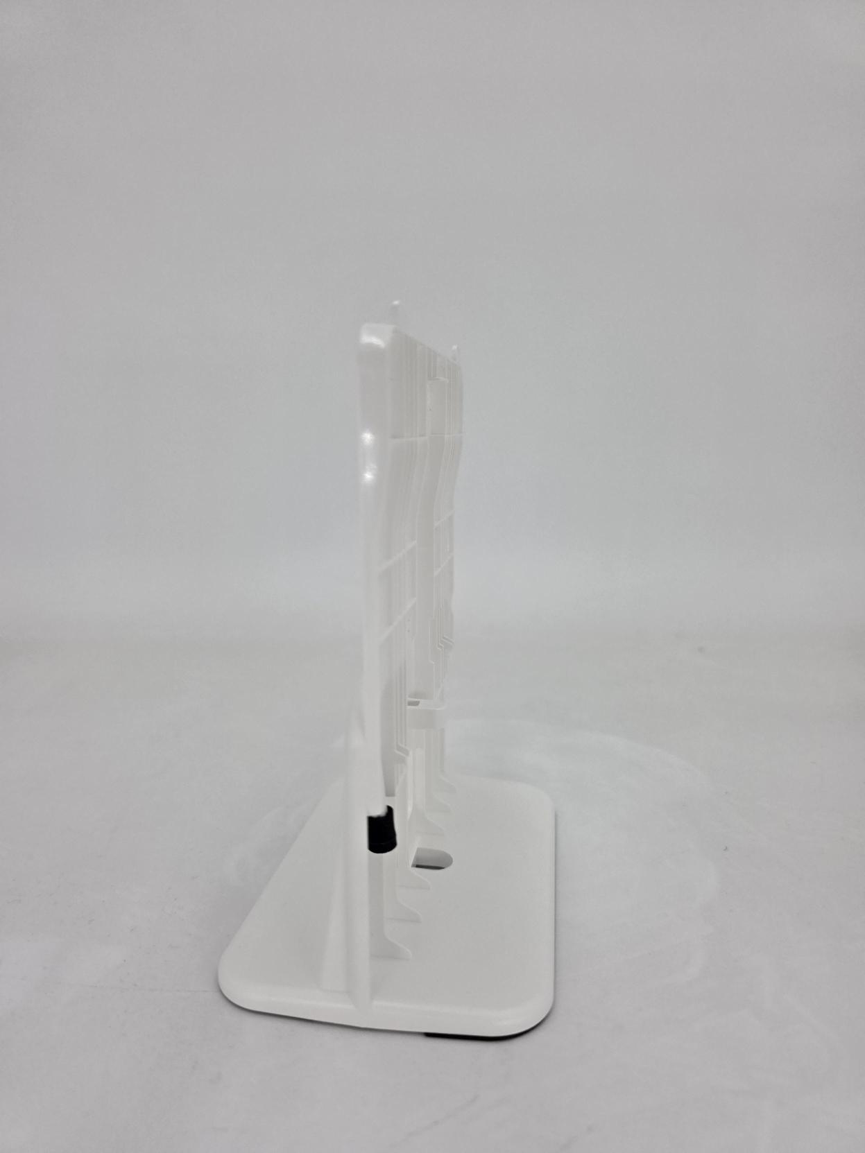 A white plastic display stand with a rectangular base and a vertical acrylic panel, shown on a light gray background.