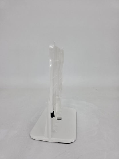 A white plastic display stand with a rectangular base and a vertical acrylic panel, shown on a light gray background.